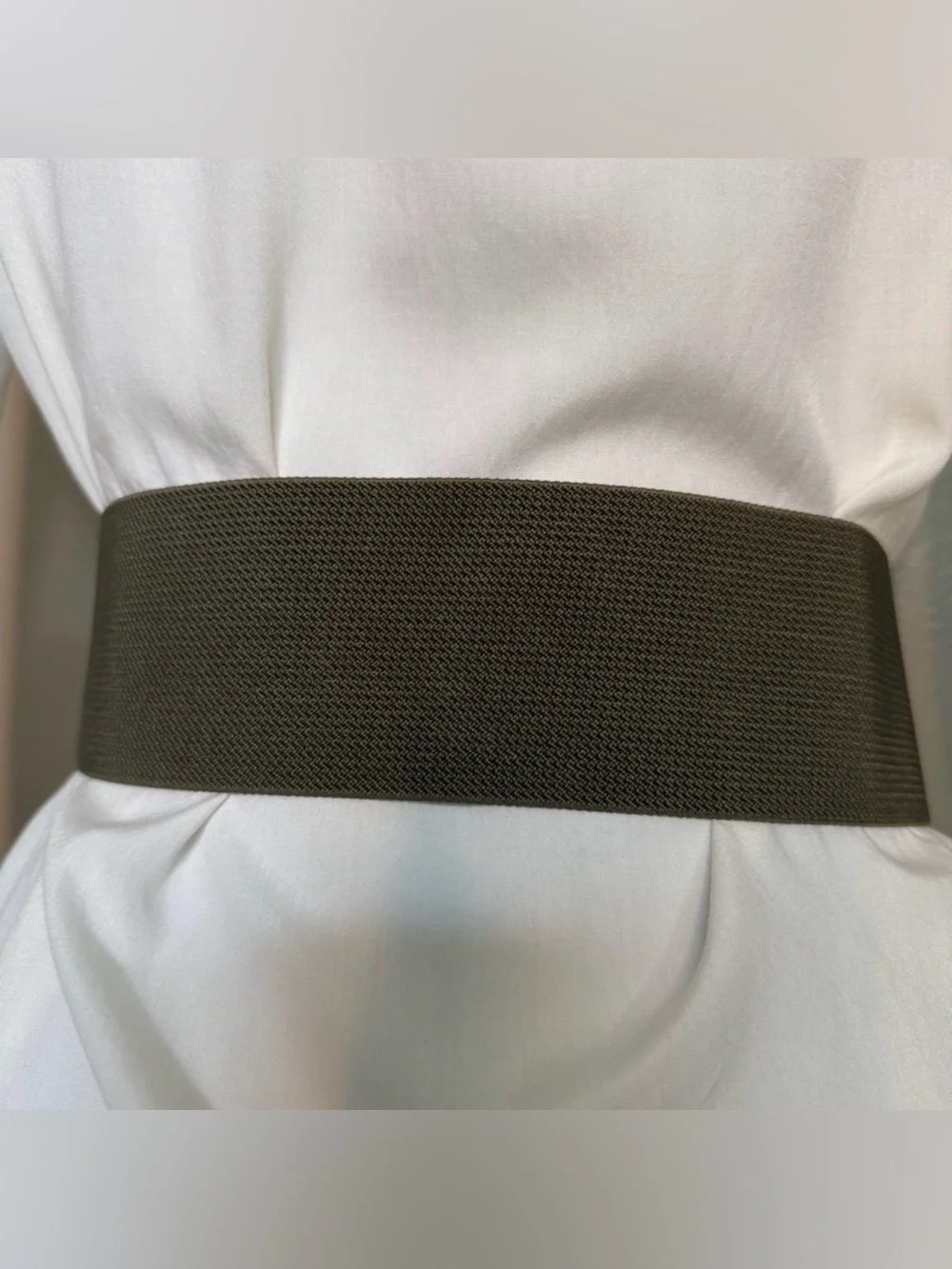 Olive green PU leather circle buckle rhinestone details elastic waistband belt
